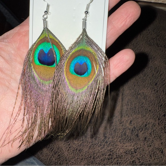 Vibrant Peacock Feather Drop Earrings - Picture 2 of 3